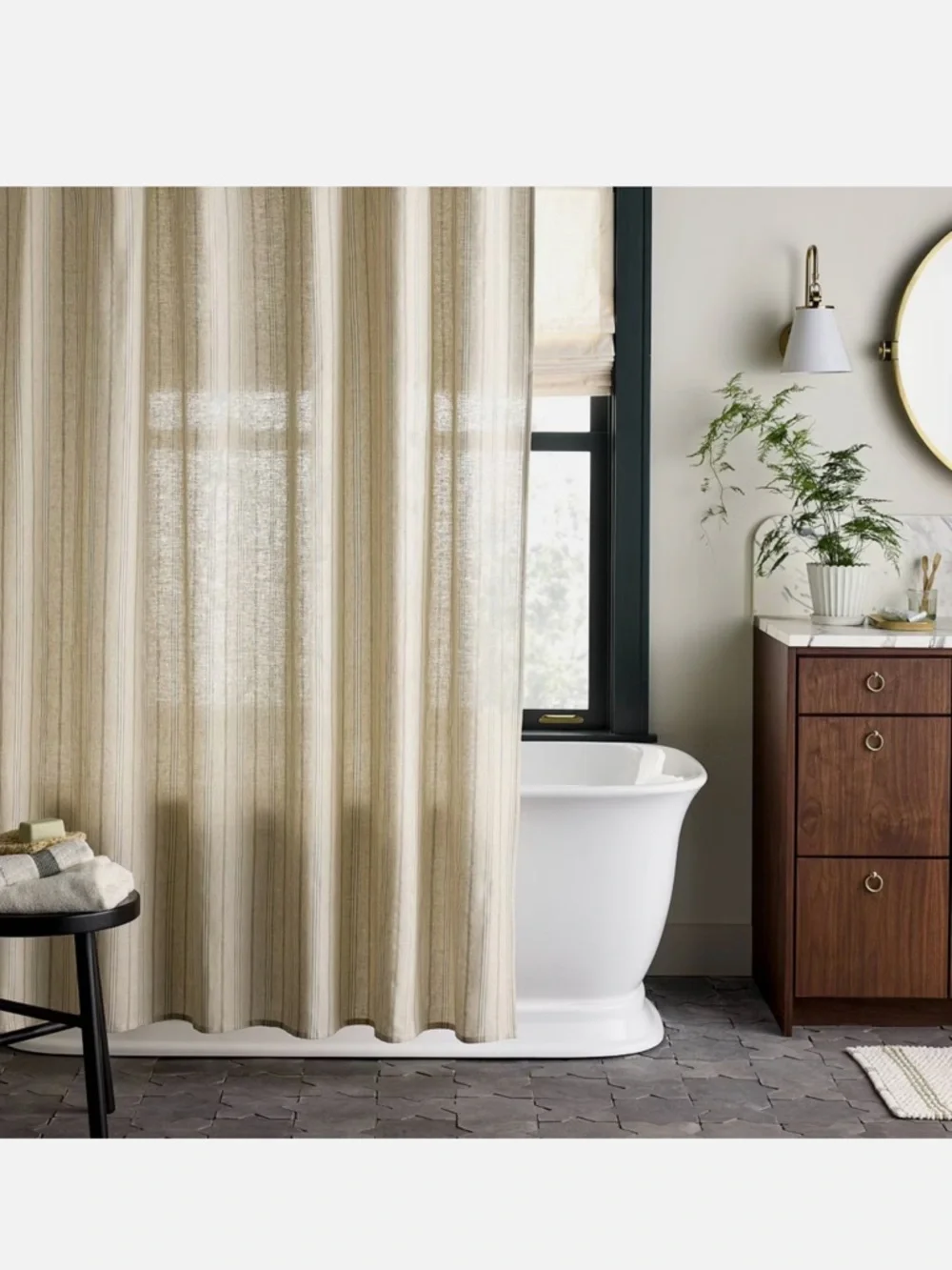Hearth & Hand Green & Cream Vertical Stripe Linen Blend Shower Curtain 72